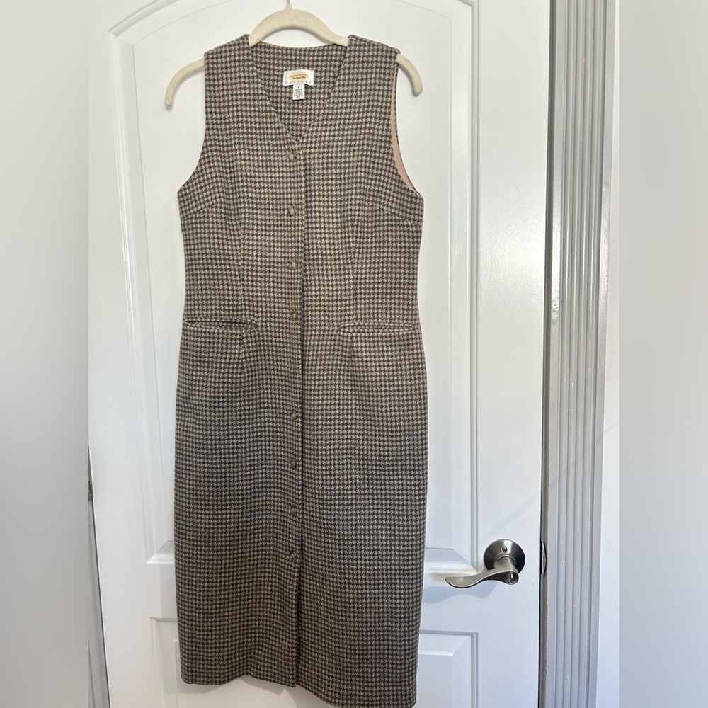 VTG 90s Talbots Brown Houndstooth Print Wool Tweed Button Front Dress Academia 4